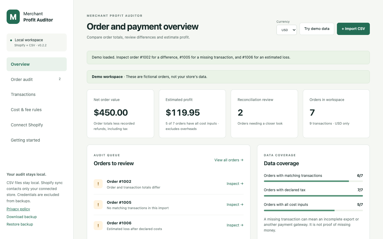Merchant Profit Auditor overview with fictional order, payment and profit data