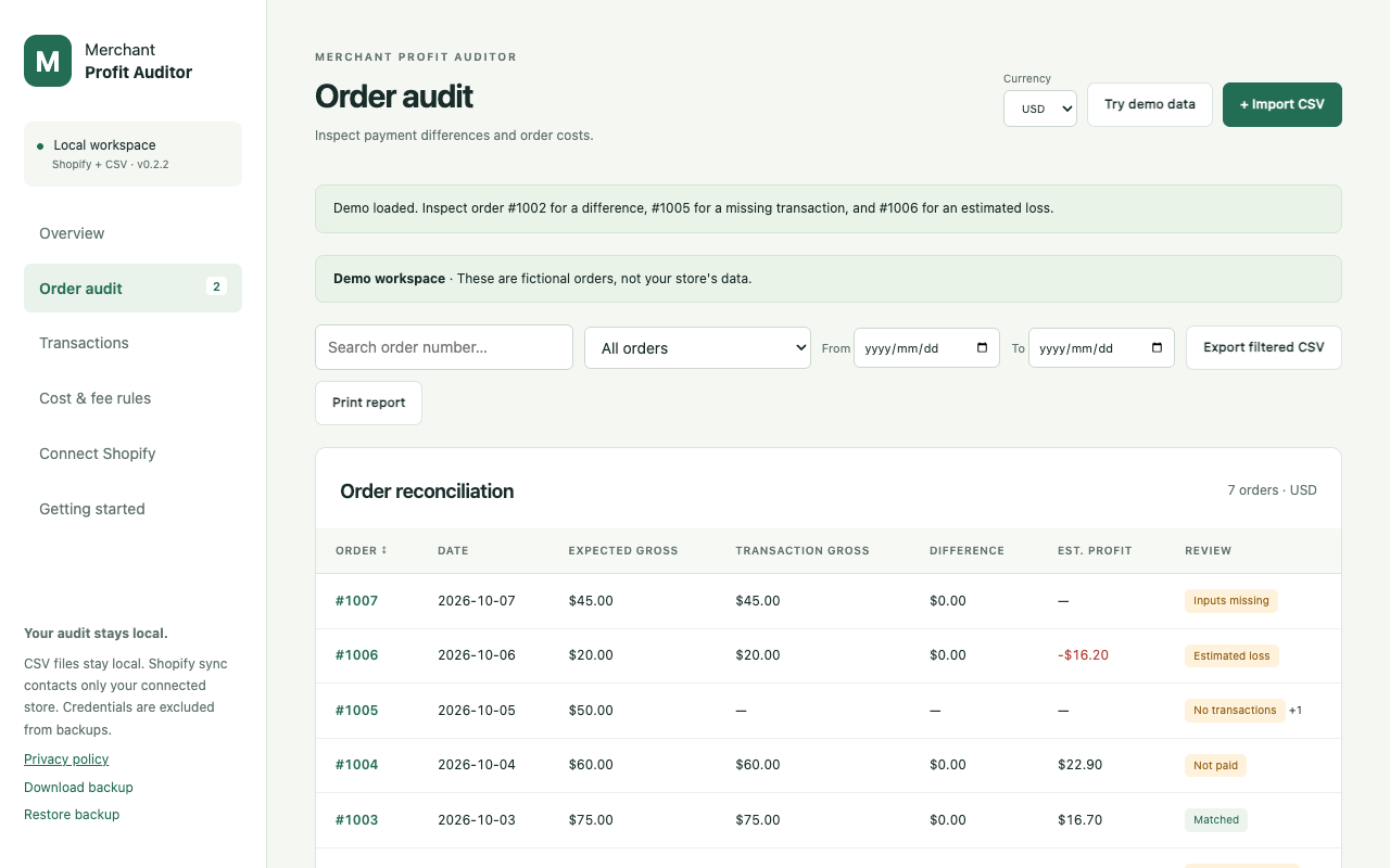 Order reconciliation showing payment differences and review filters