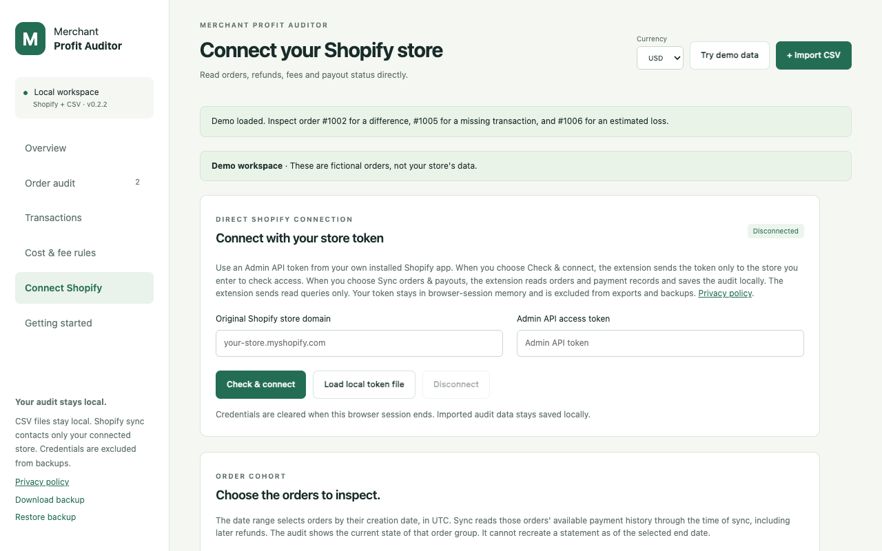 Optional Shopify connection setup in a disconnected state