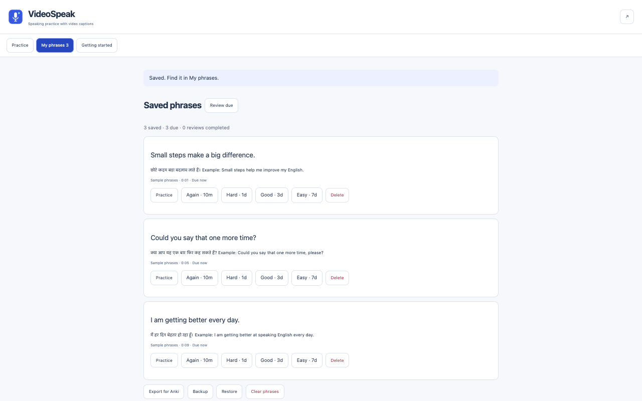 Saved English phrases with Hindi notes and fixed review controls